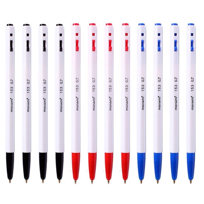 Monami 153 Ballpoint Pen 0.7mm Dozen Box (Black, Blue, Red Ink Assorted Color 12 Pens) - Image 1